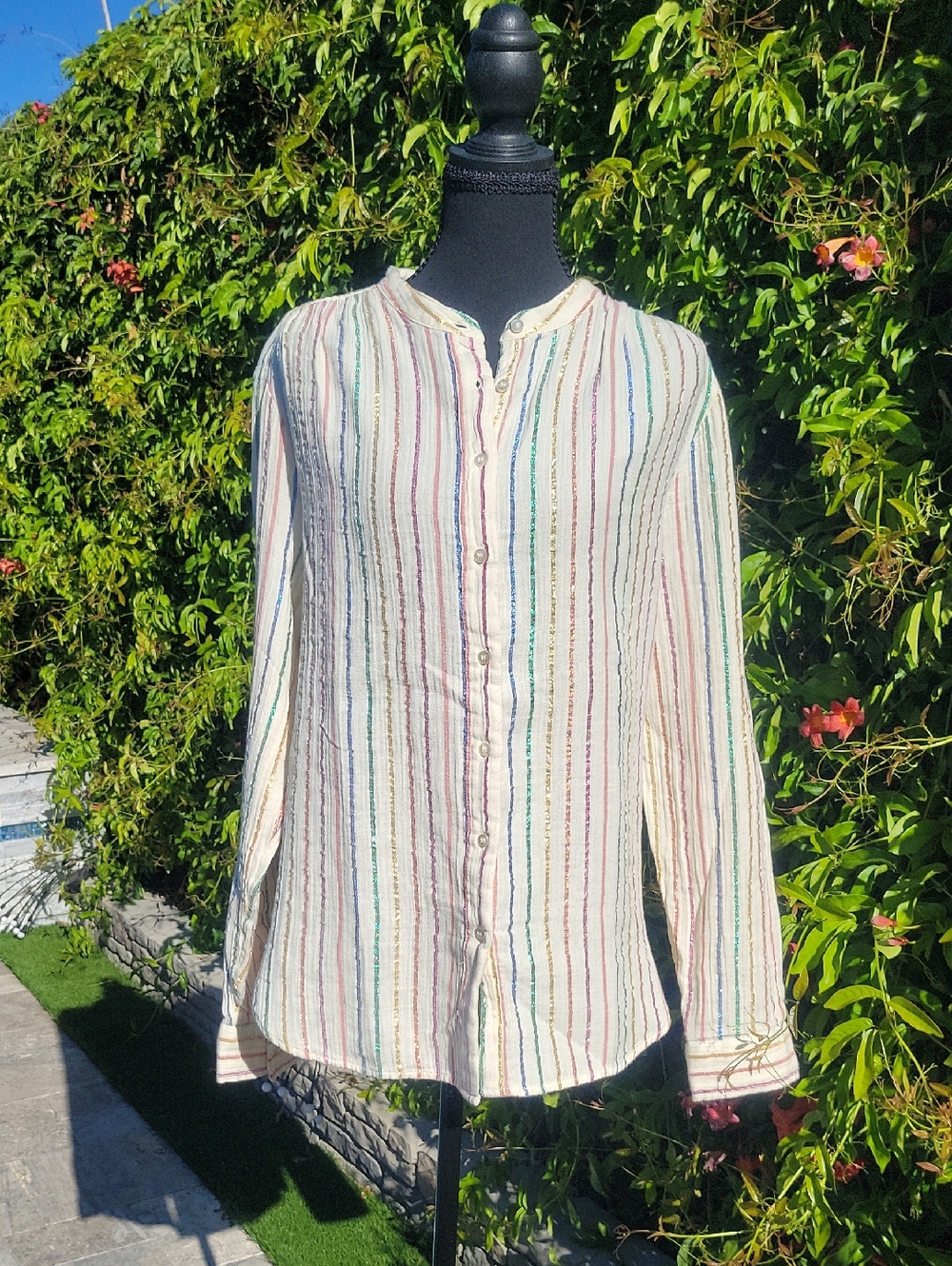 GAP Cream Crinkle Gauze Rainbow Metallic Striped Button Down Shirt L